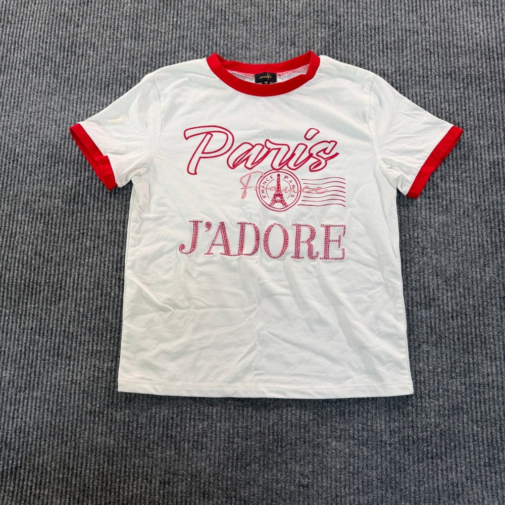 On Twelfth Womens Paris JAdore Ringer T Shirt S White Red Rhinestone Graphic